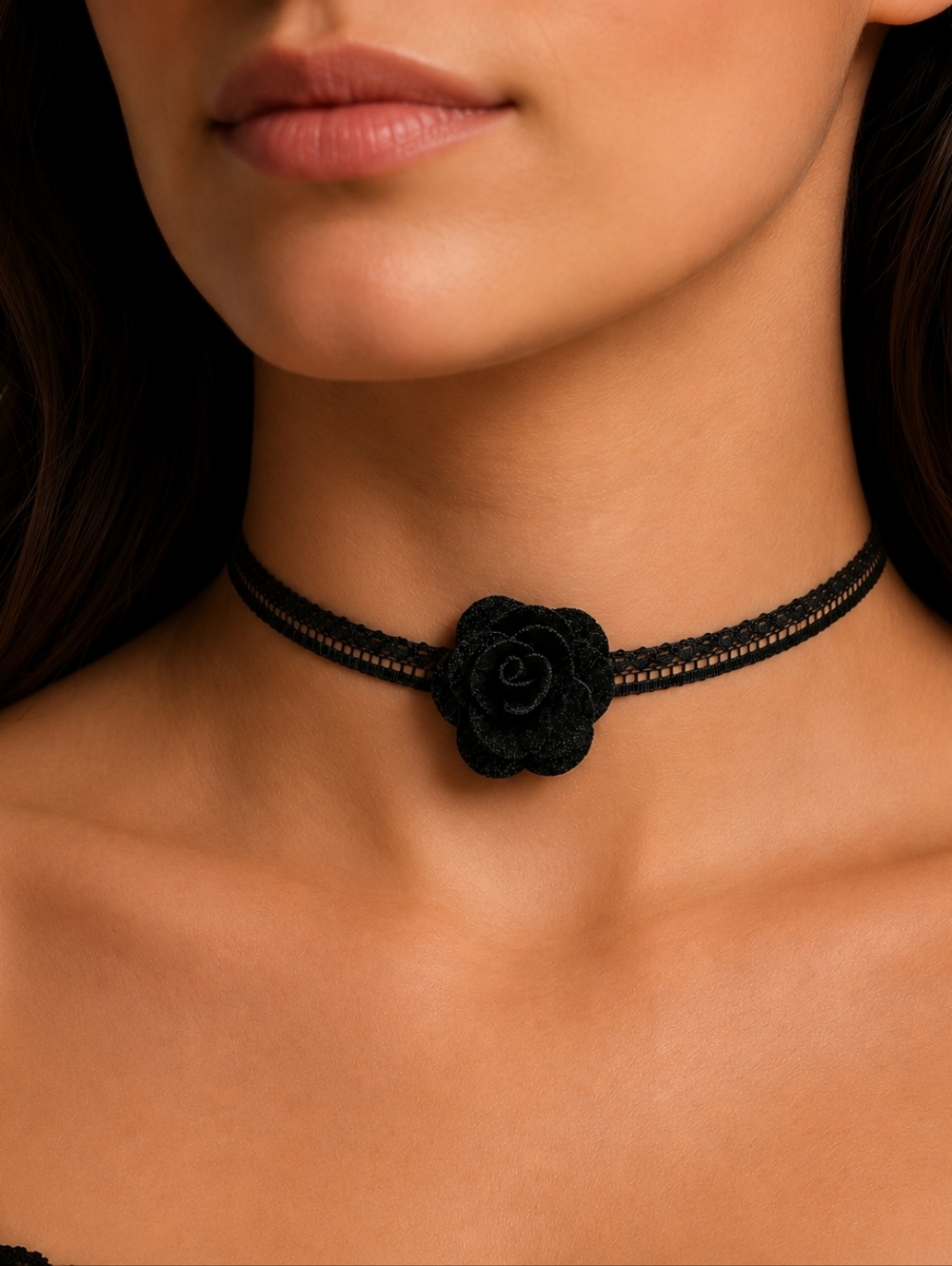 Gothic Black Rose & Lace Choker Necklace